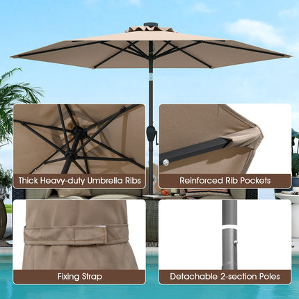 7.5 Feet Solar Powered Patio Umbrella with LED Lights and Crank Handle-Tan