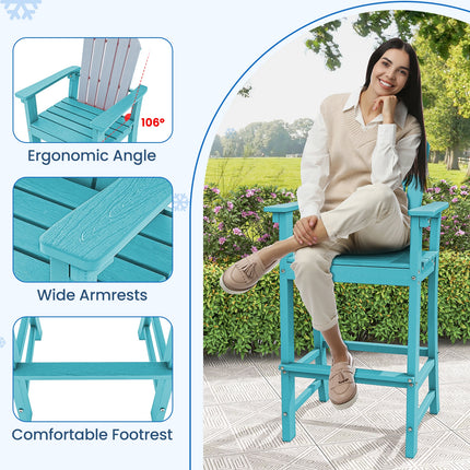 Set of 2 Counter Height Outdoor HDPE Bar Stool with Armrests and Footrest-Turquoise