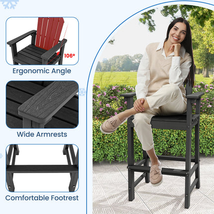 Set of 2 Counter Height Outdoor HDPE Bar Stool with Armrests and Footrest-Black