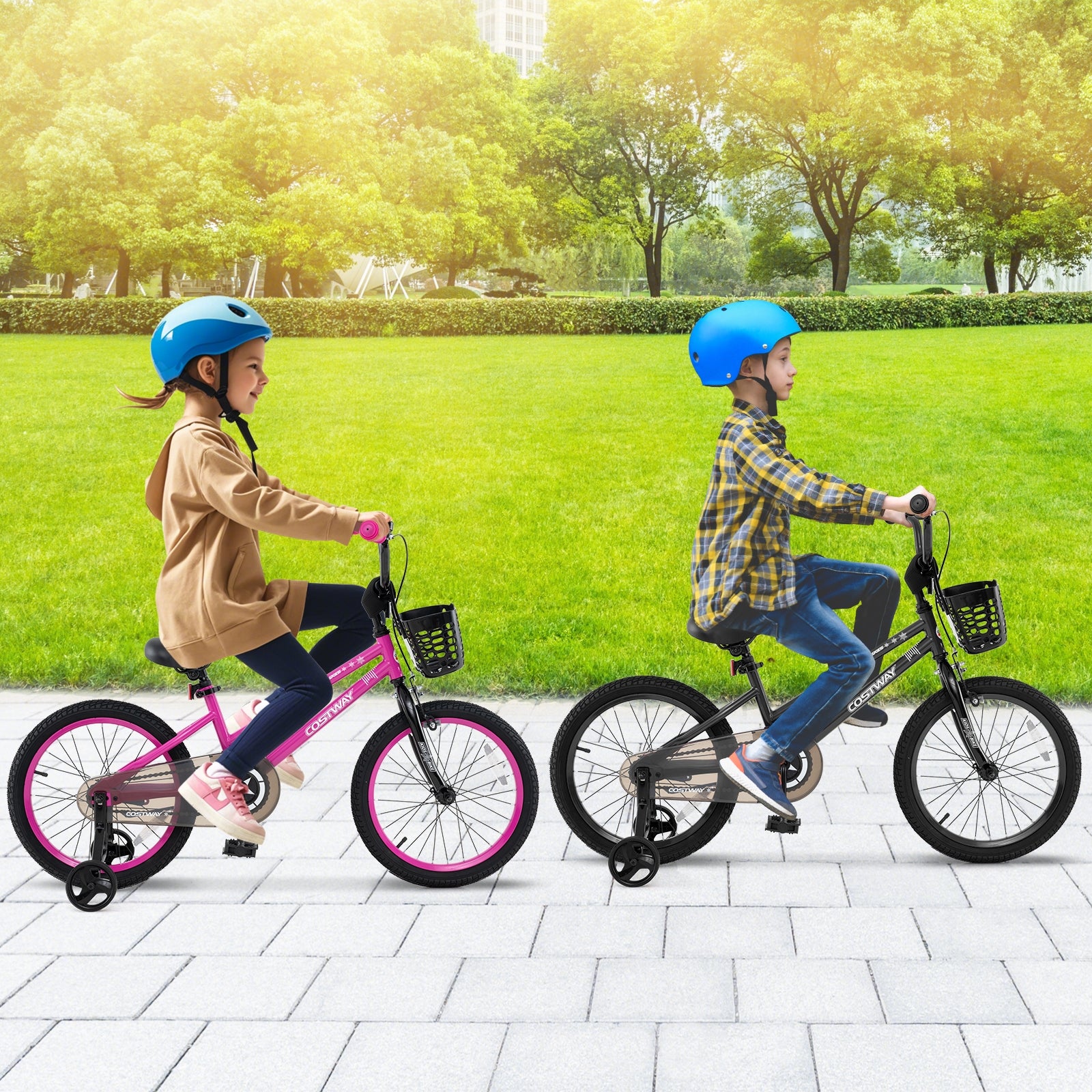 18 Inch Kids Bike Adjustable Bicycle with Front Basket for Children Aged 4-8 Years Old