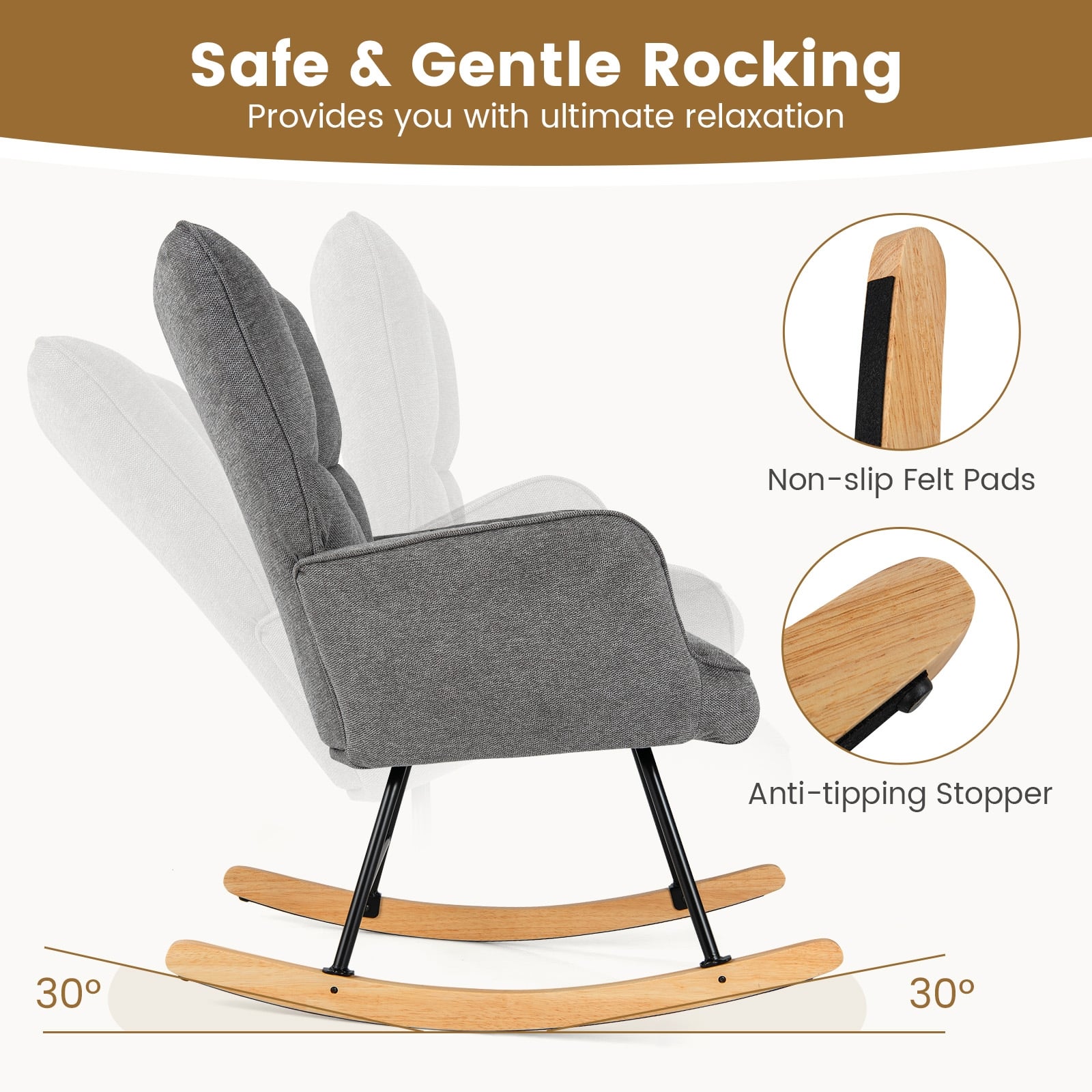 Linen Nursery Rocking Chair with High Backrest and Padded Armrests-Gray