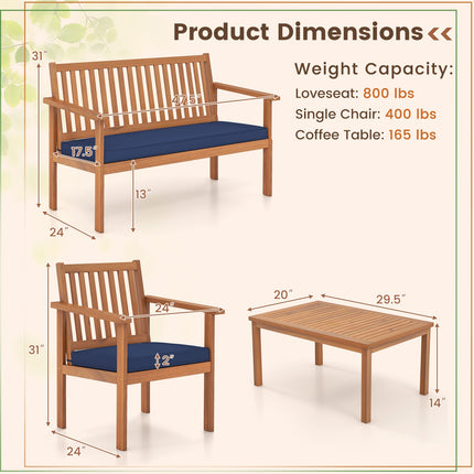 4 Piece Patio Wood Furniture Set Acacia Wood Sofa Set with Loveseat-Navy