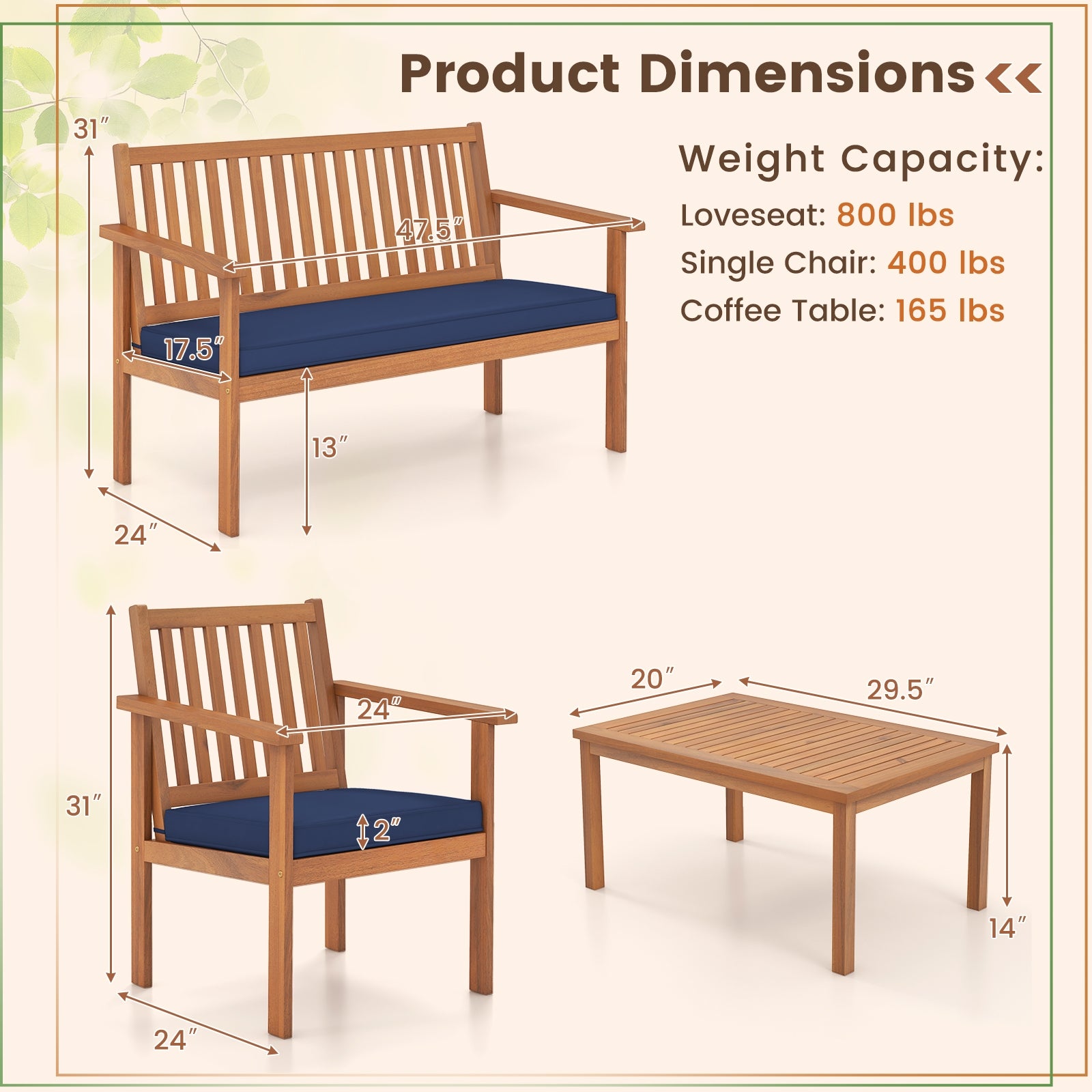 4 Piece Patio Wood Furniture Set Acacia Wood Sofa Set with Loveseat-Navy