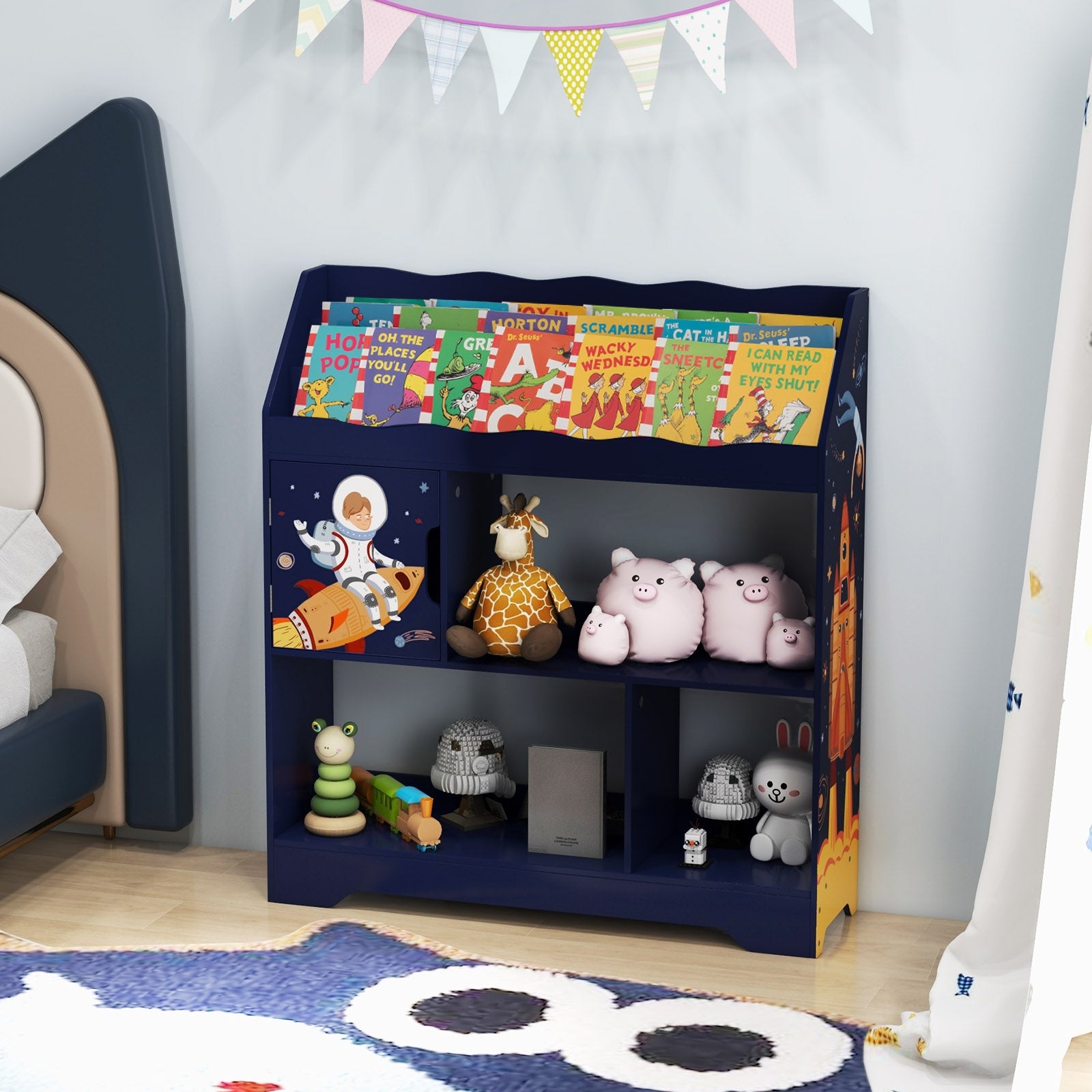 Kids Toy Storage Organizer with Book Shelf and Storage Cabinet-Navy