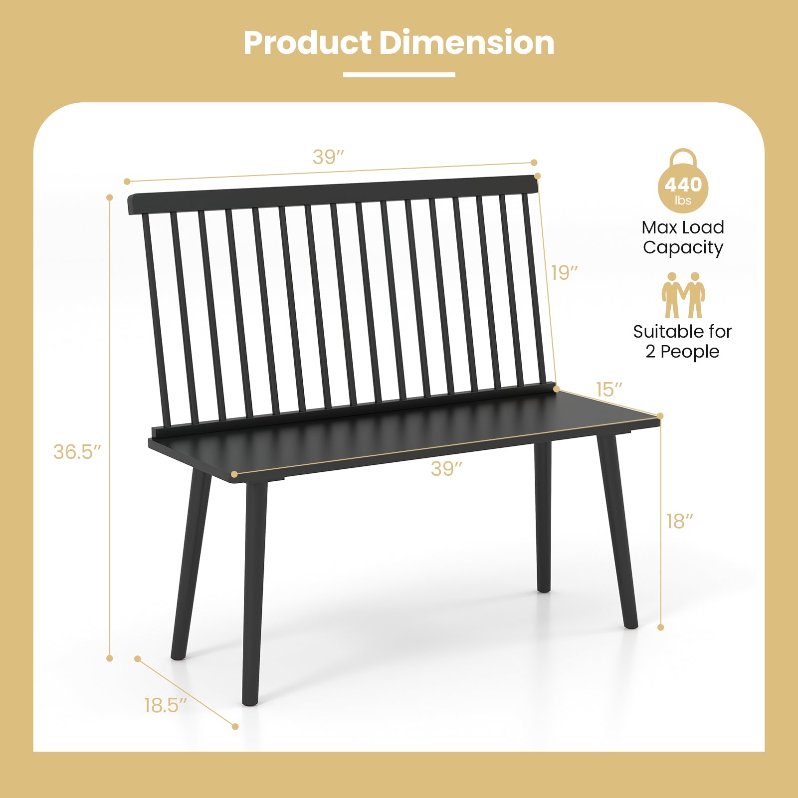 Dining Windsor Bench with Spindle Back and Anti-Slip Foot Pads-Black