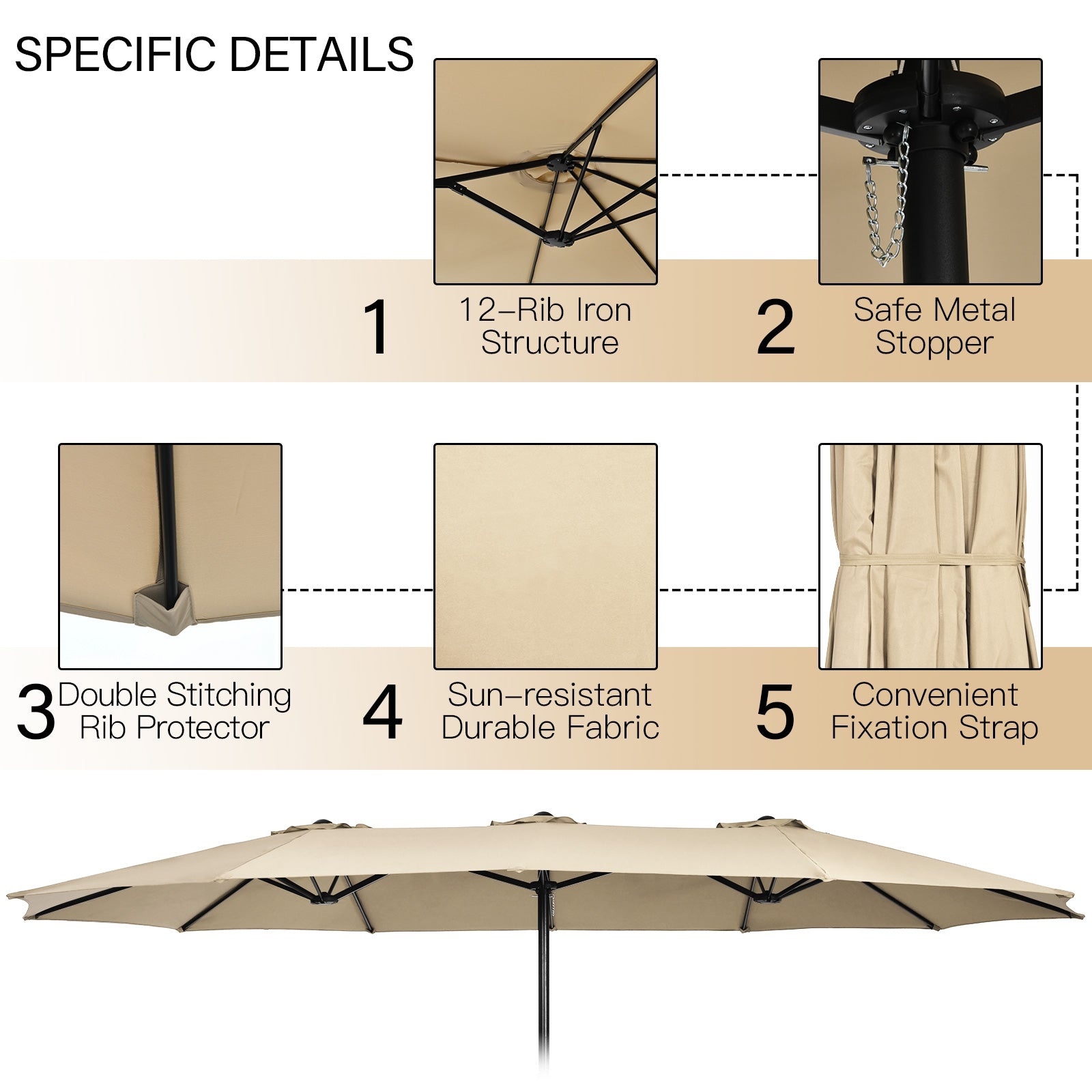 10 Piece Outdoor Dining Set with 15 Feet Double-Sided Twin Patio Umbrella-Beige