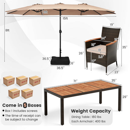 10 Piece Outdoor Dining Set with 15 Feet Double-Sided Twin Patio Umbrella-Brown