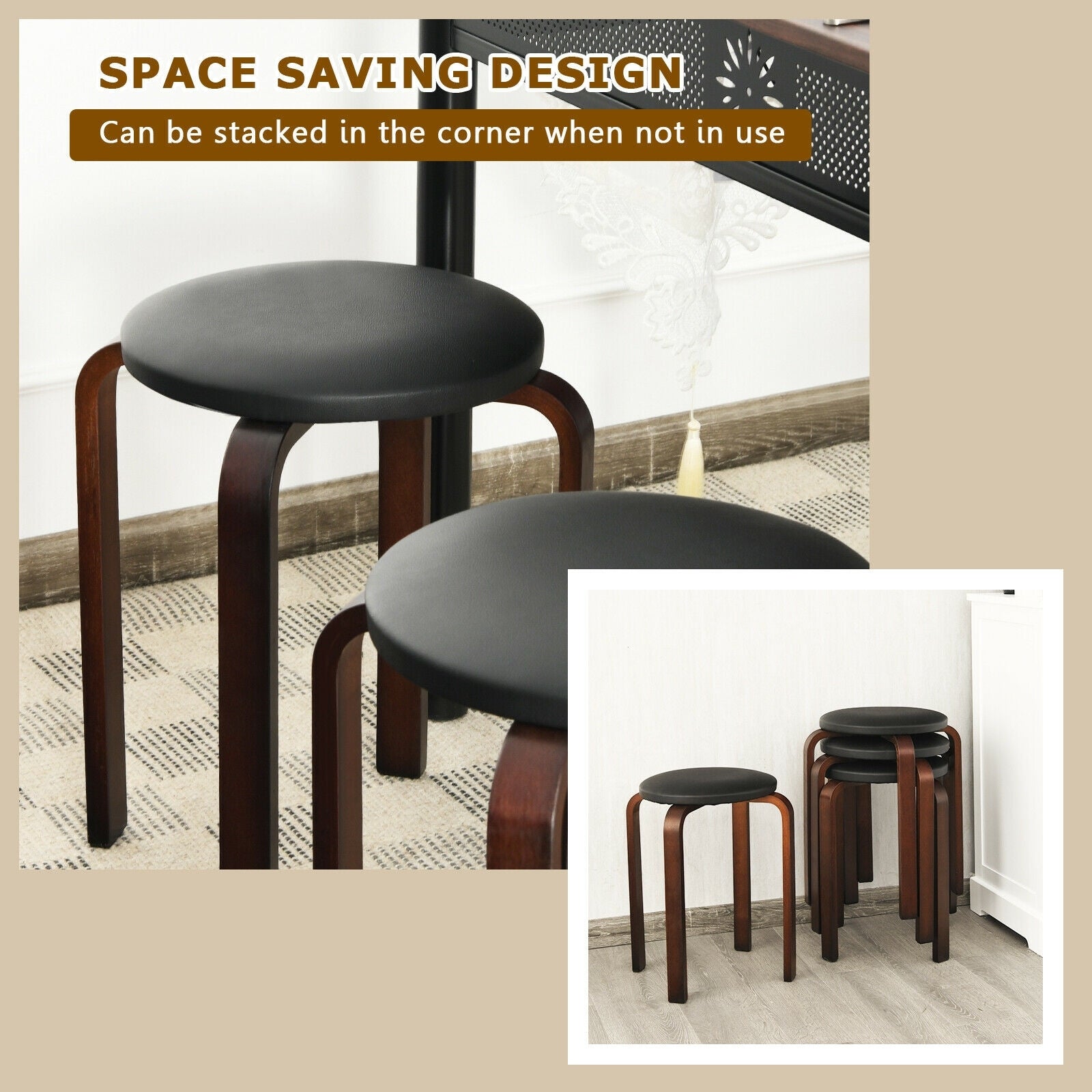 Set of 4 Bentwood Round Stool Stackable Dining Chairs with Padded Seat-Black