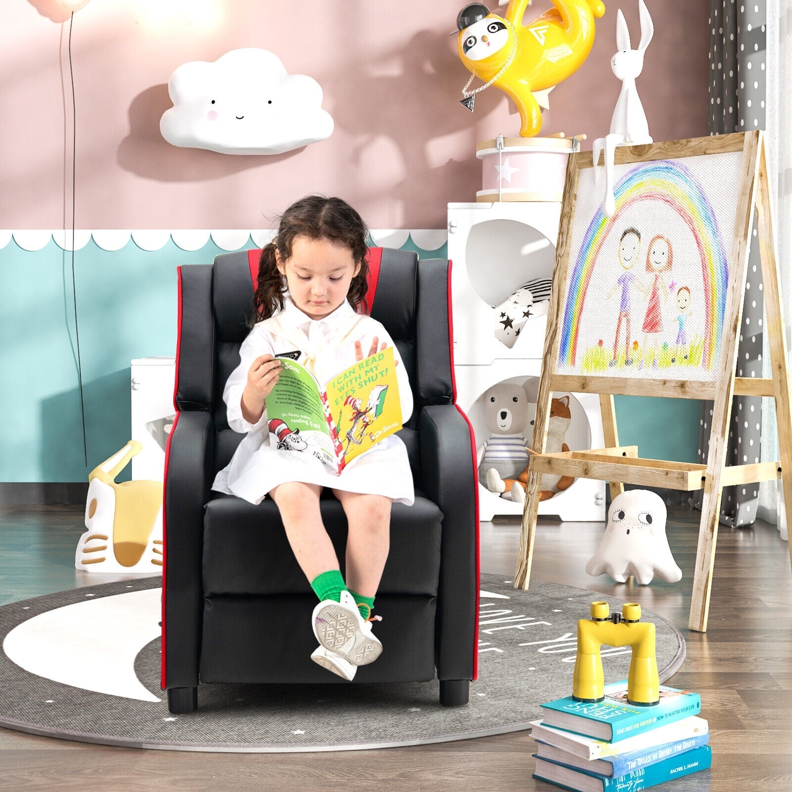 Kids Recliner Chair with Side Pockets and Footrest-Red