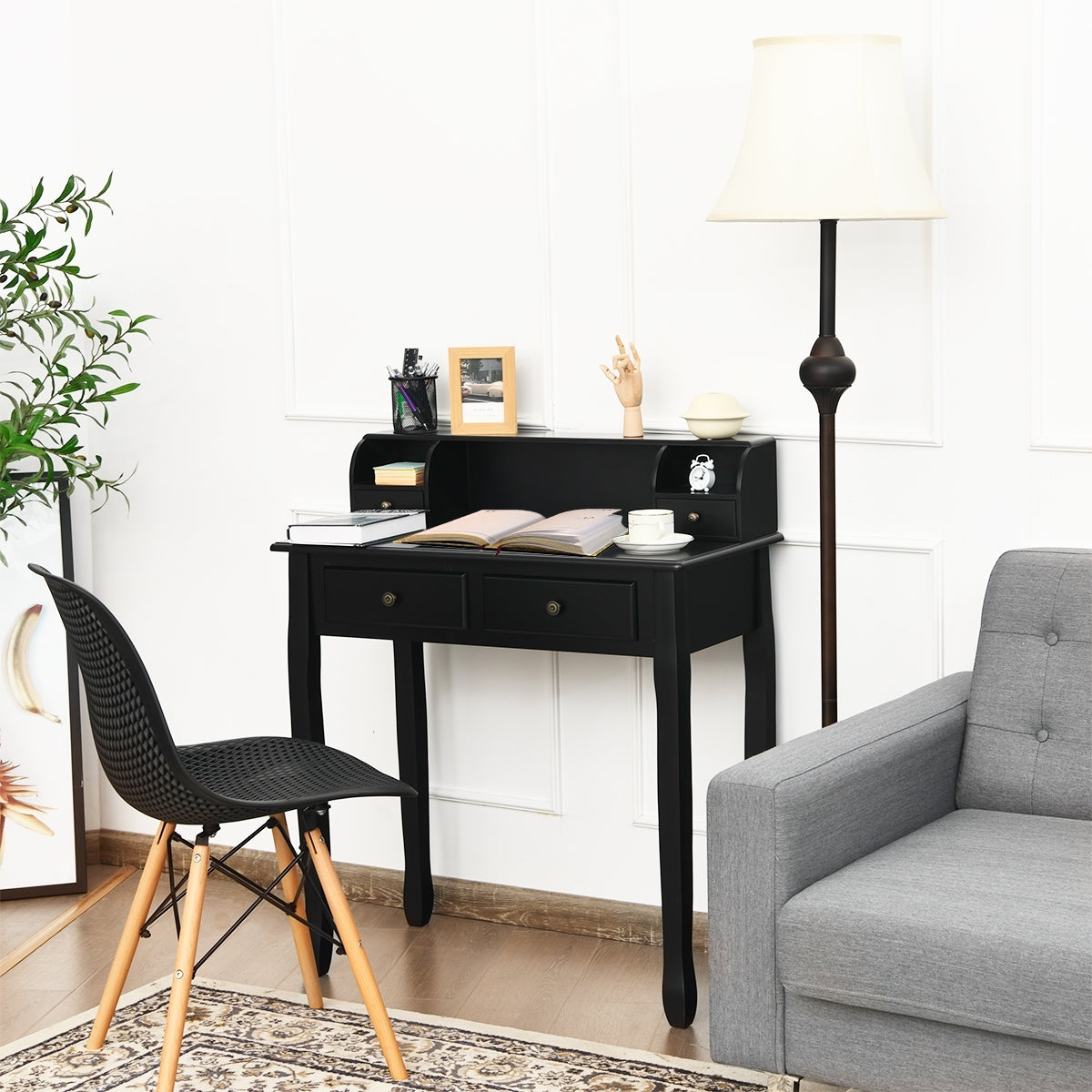 Writing Desk 2-Tier Vanity Desk Computer Desk with 4 Drawers-Black