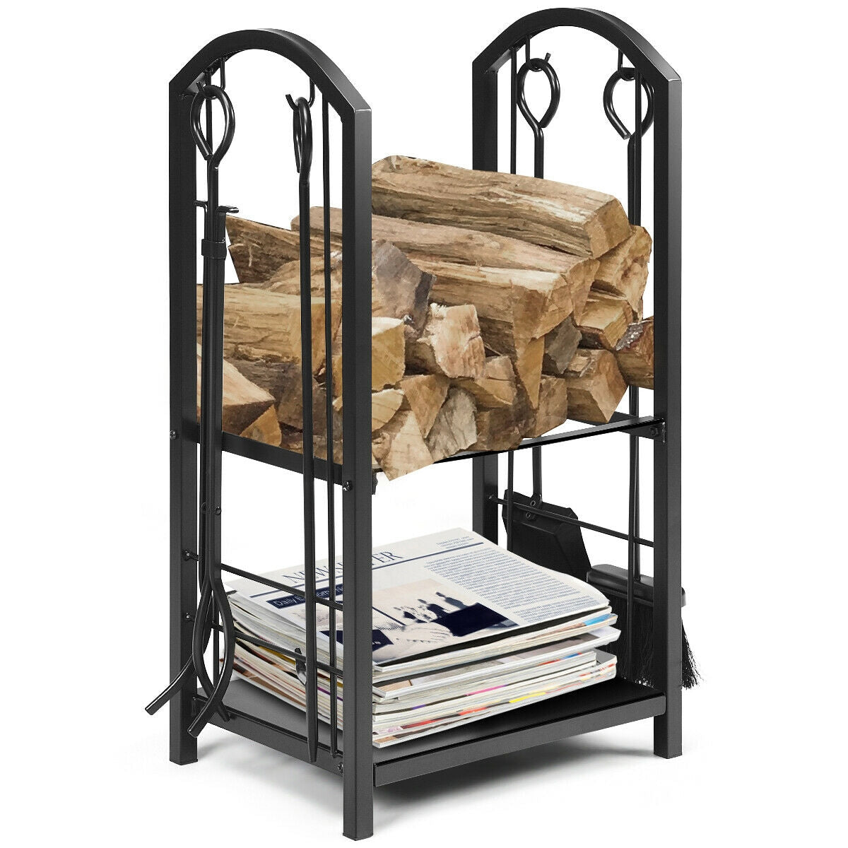Fireplace Log Rack with 4 Tools Set Fireside Firewood Holder