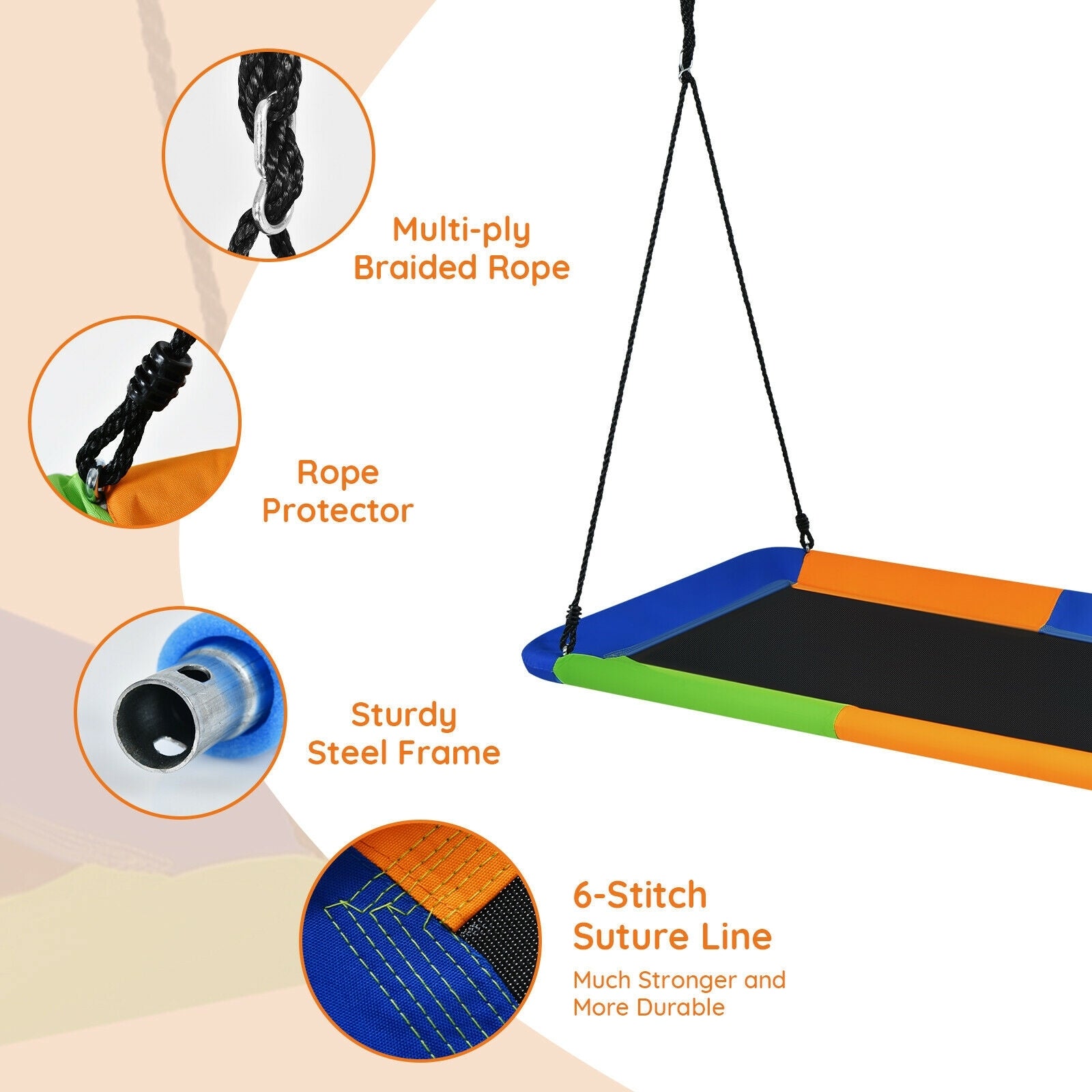 Balançoire Plateforme de 60 Pouces pour Arbre d'Extérieur avec 2 Sangles de Suspension - Bleu & Orange
