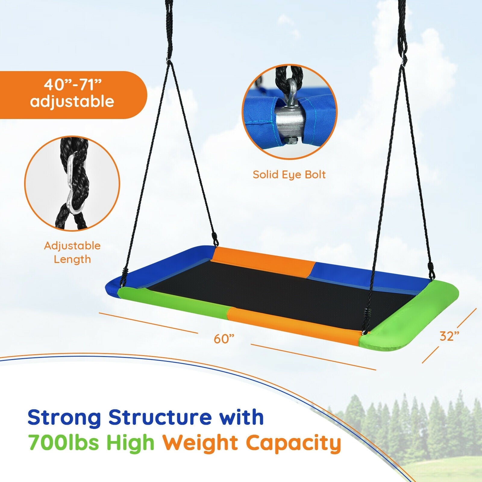 Balançoire Plateforme de 60 Pouces pour Arbre d'Extérieur avec 2 Sangles de Suspension - Bleu & Orange