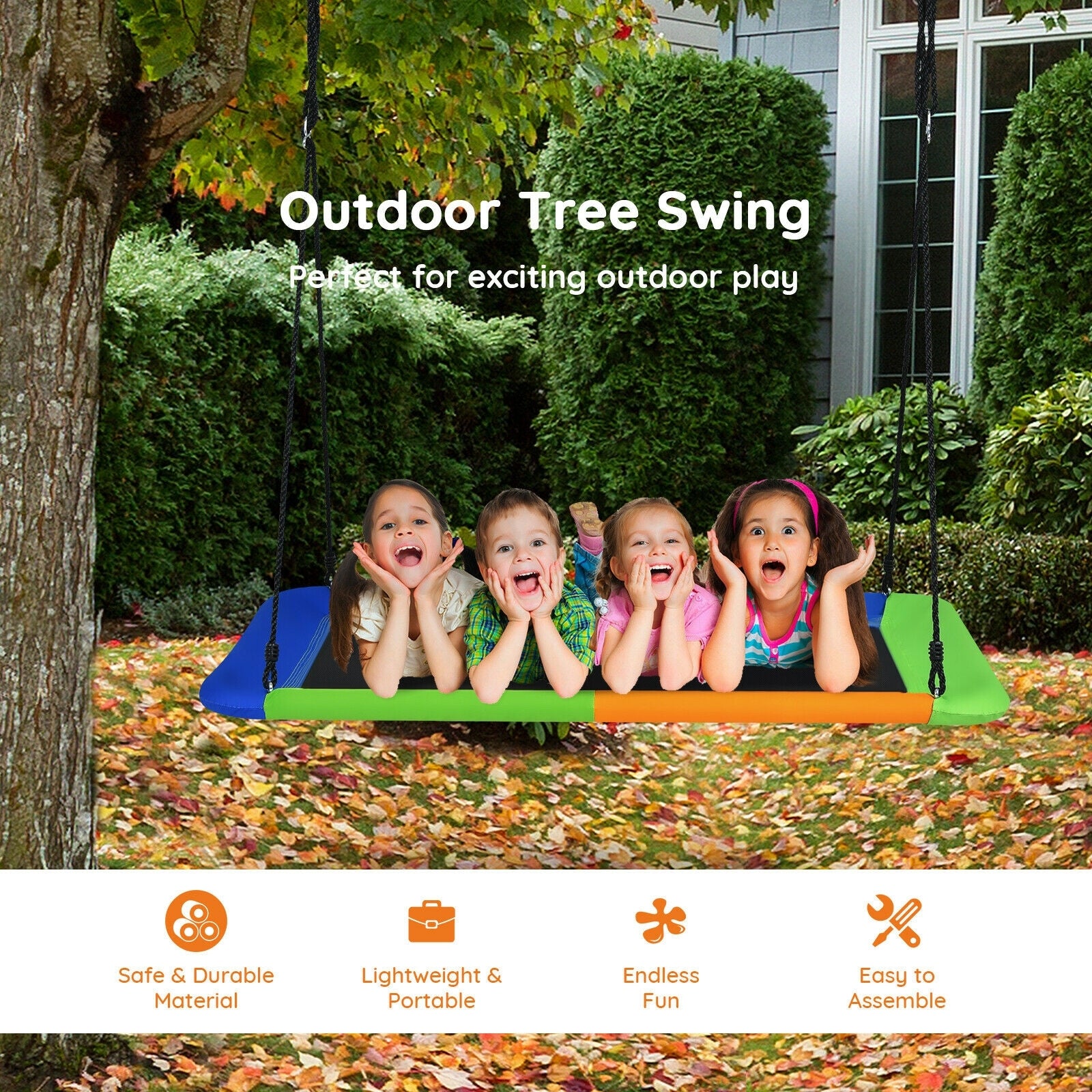 Balançoire Plateforme de 60 Pouces pour Arbre d'Extérieur avec 2 Sangles de Suspension - Bleu & Orange