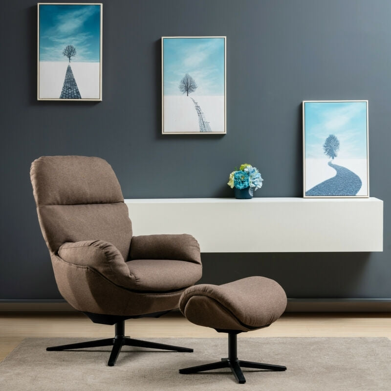 Upholstered Swivel Lounge Chair with Ottoman and Rocking Footstool-Brown