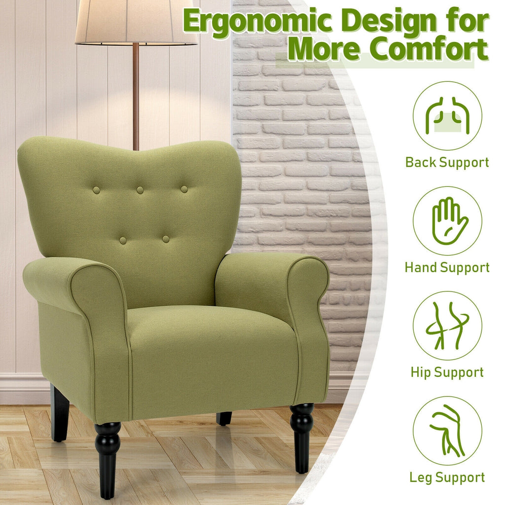 Modern Accent Chair with Tufted Backrest and Rubber Wood Avocado Legs-Green