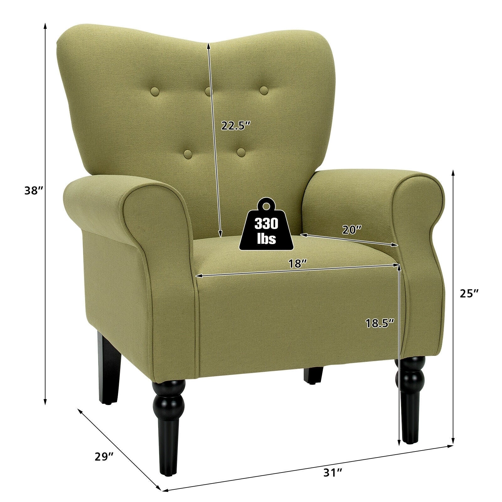 Modern Accent Chair with Tufted Backrest and Rubber Wood Avocado Legs-Green