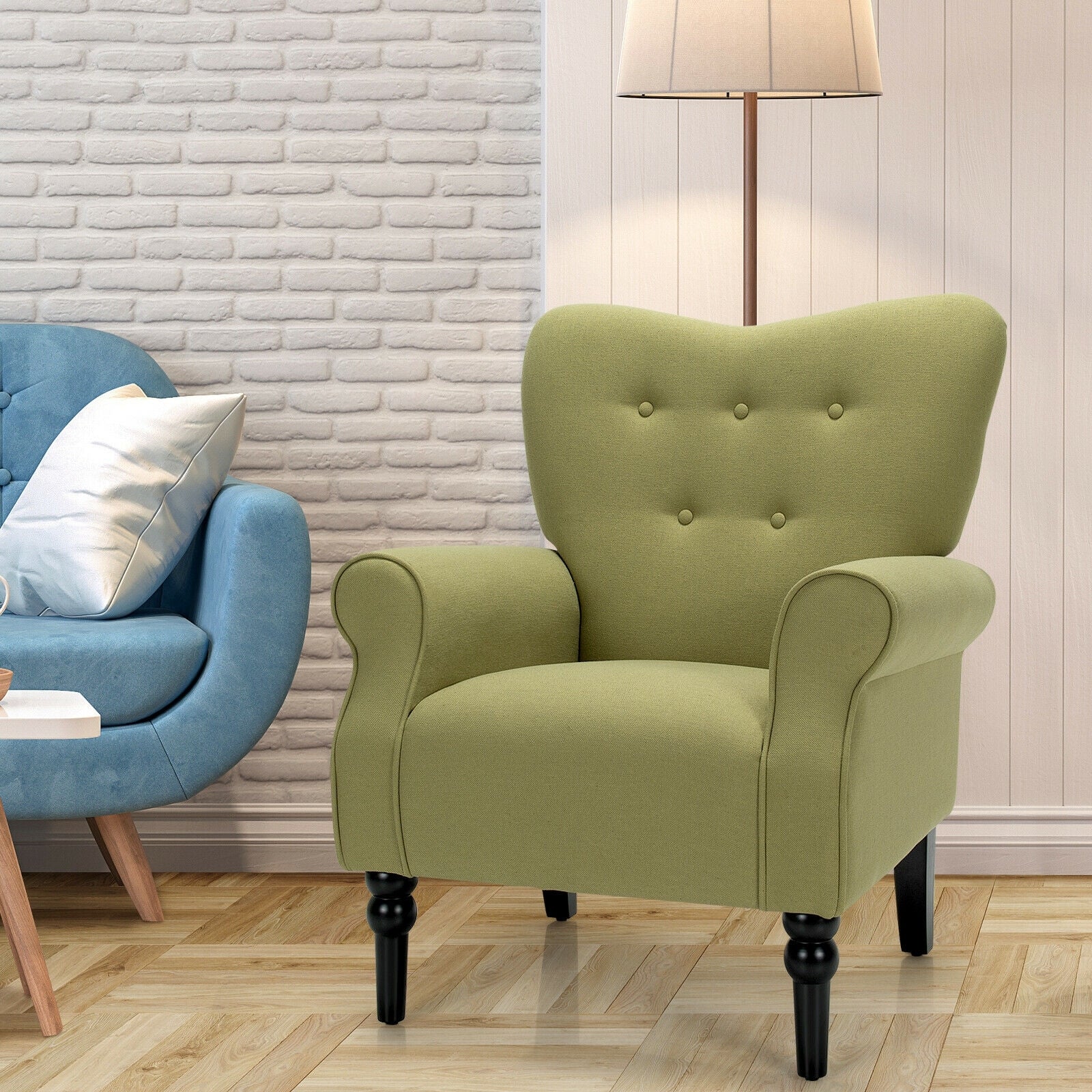 Modern Accent Chair with Tufted Backrest and Rubber Wood Avocado Legs-Green
