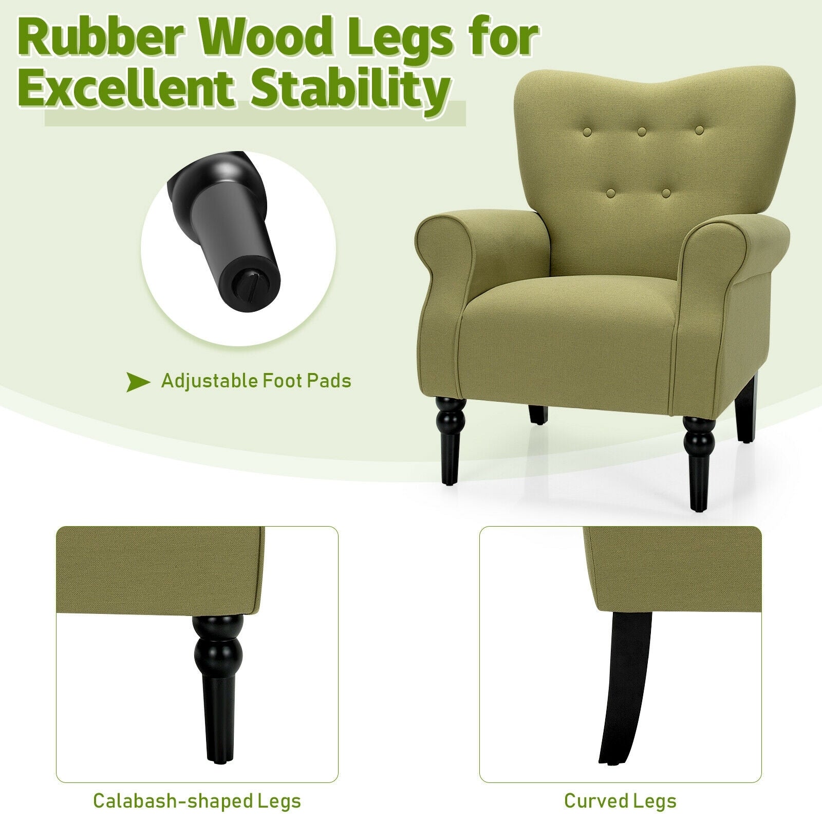Modern Accent Chair with Tufted Backrest and Rubber Wood Avocado Legs-Green