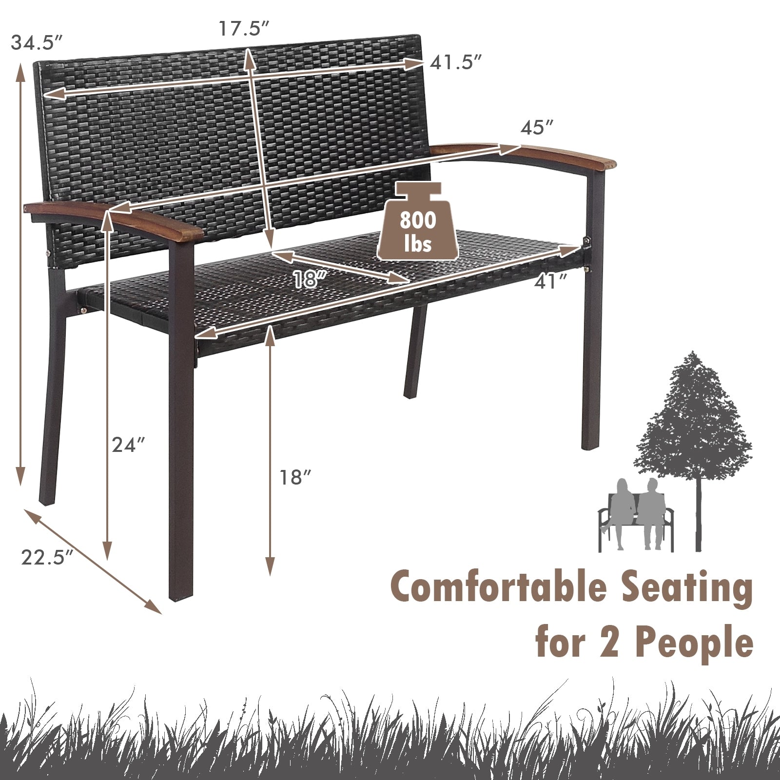 Banc de patio en rotin osier avec accoudoir pour jardin