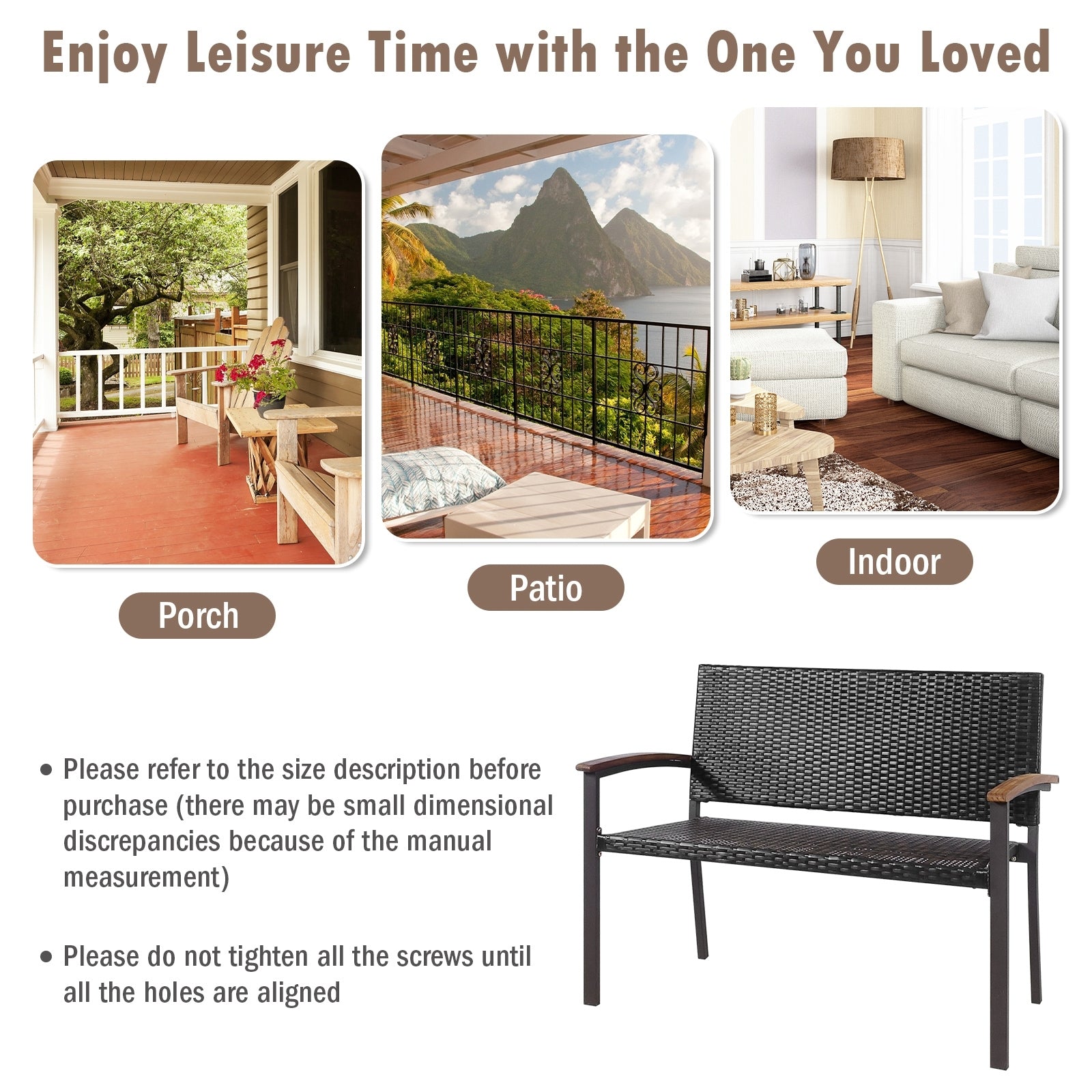 Banc de patio en rotin osier avec accoudoir pour jardin