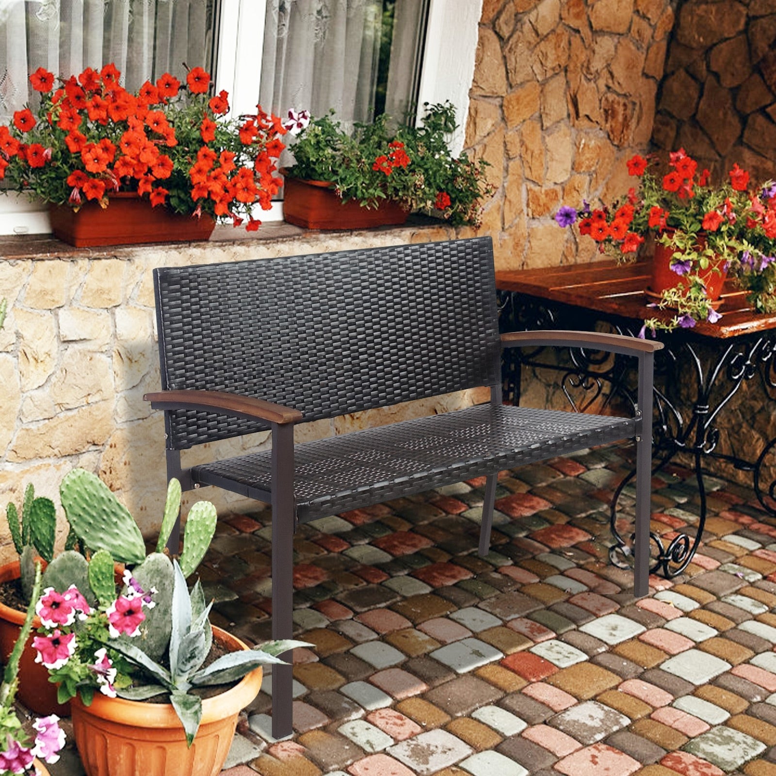 Banc de patio en rotin osier avec accoudoir pour jardin