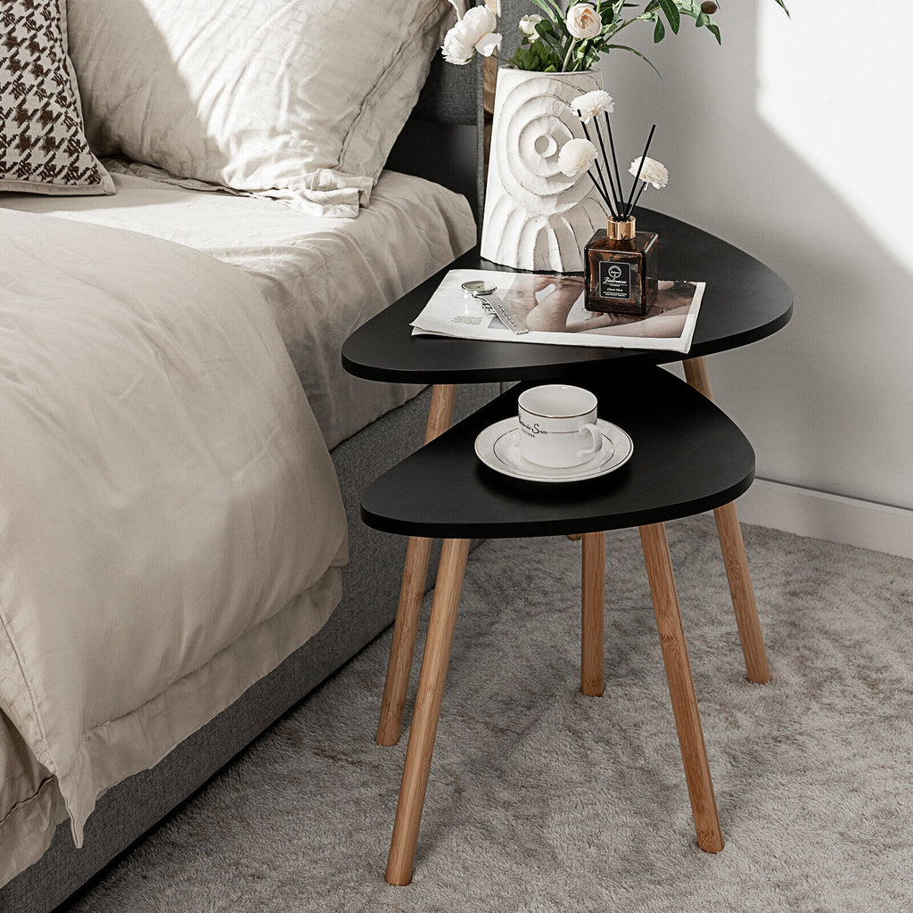 Set of 2 Modern Nesting Coffee Tables Triangular Tabletop Bamboo Legs