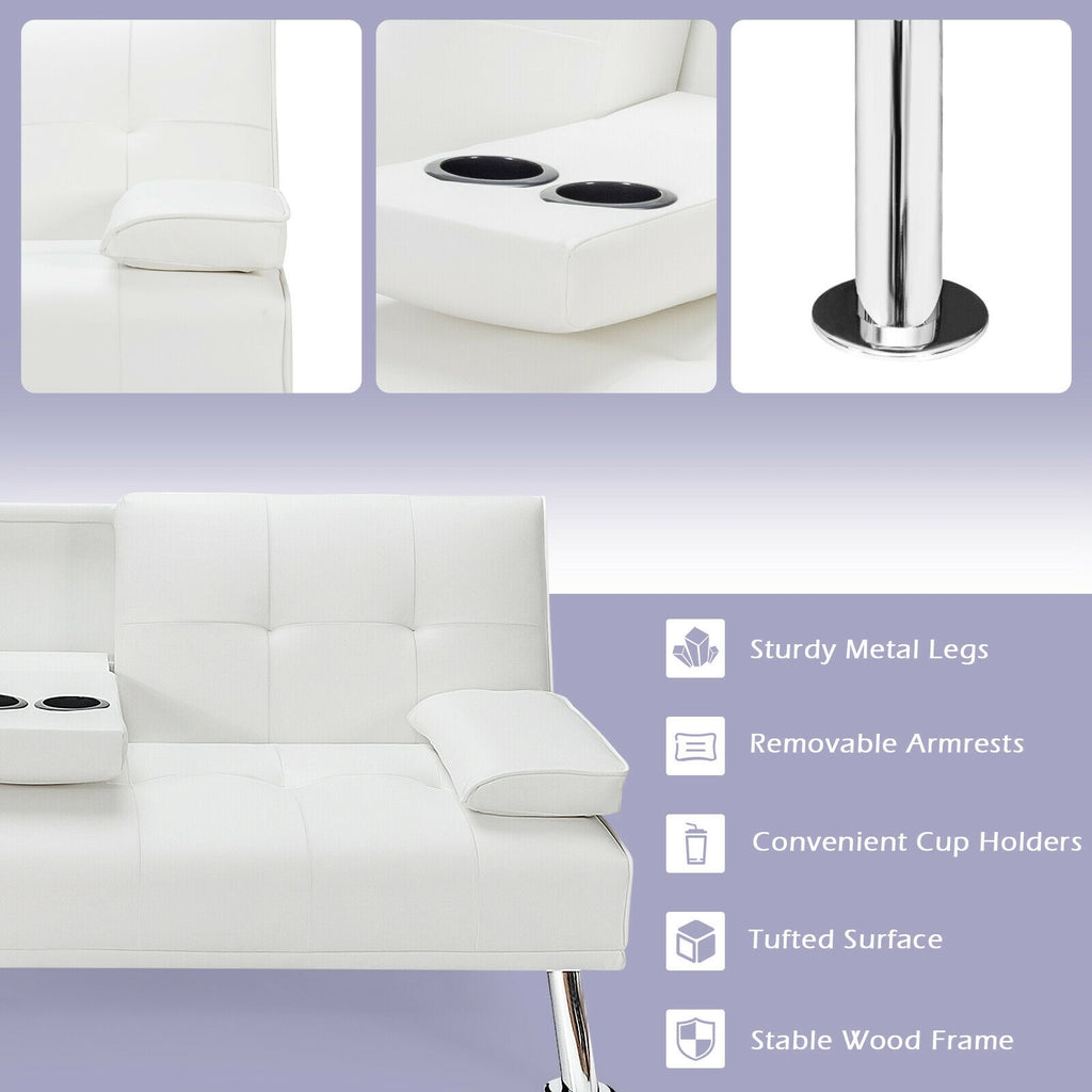 Convertible Folding Leather Futon Sofa with Cup Holders and Armrests-White