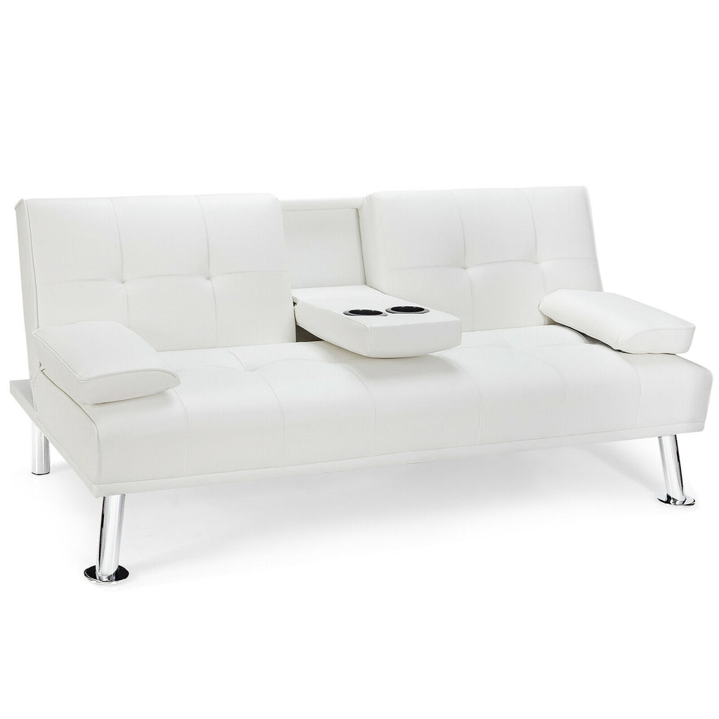 Convertible Folding Leather Futon Sofa with Cup Holders and Armrests-White