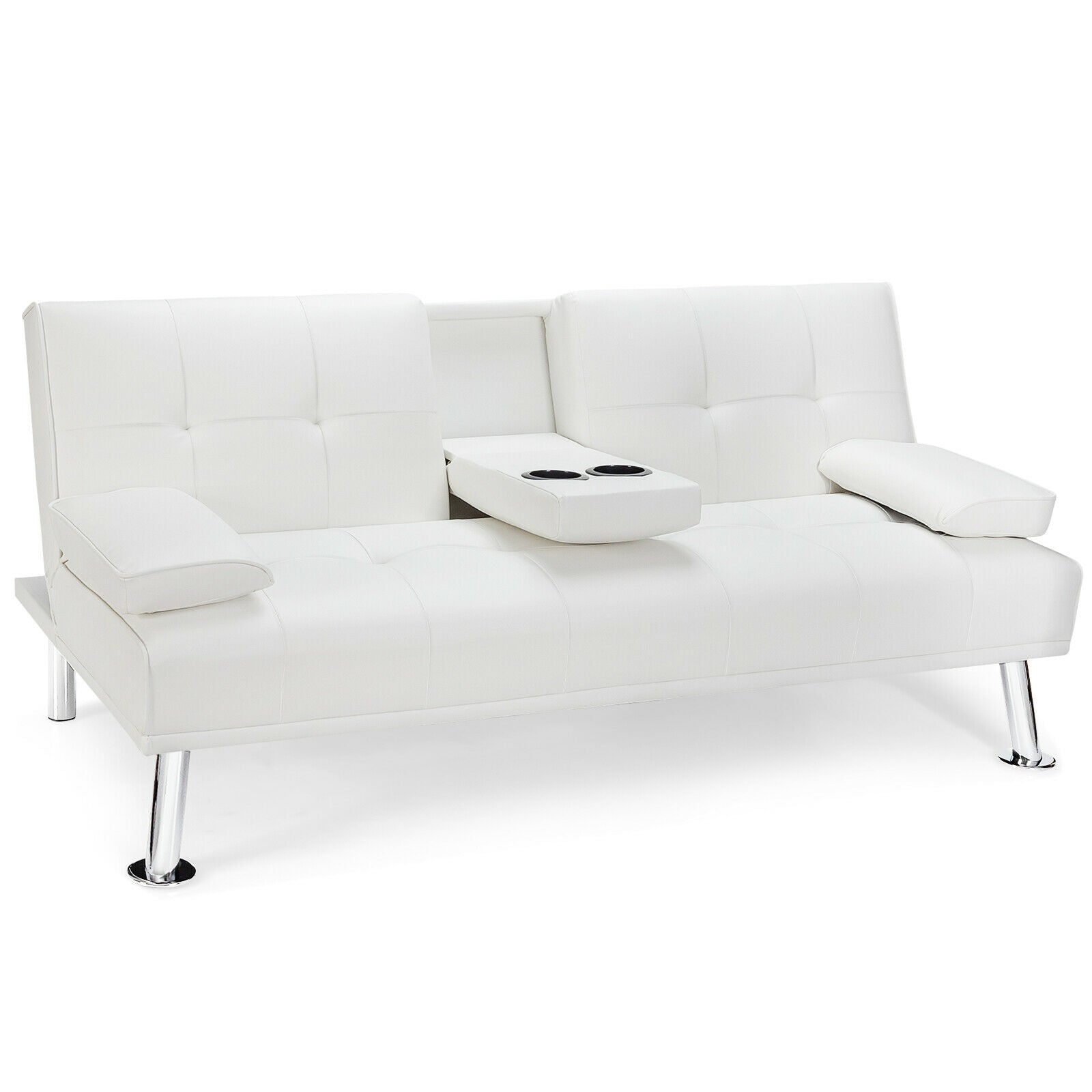 Convertible Folding Leather Futon Sofa with Cup Holders and Armrests-White