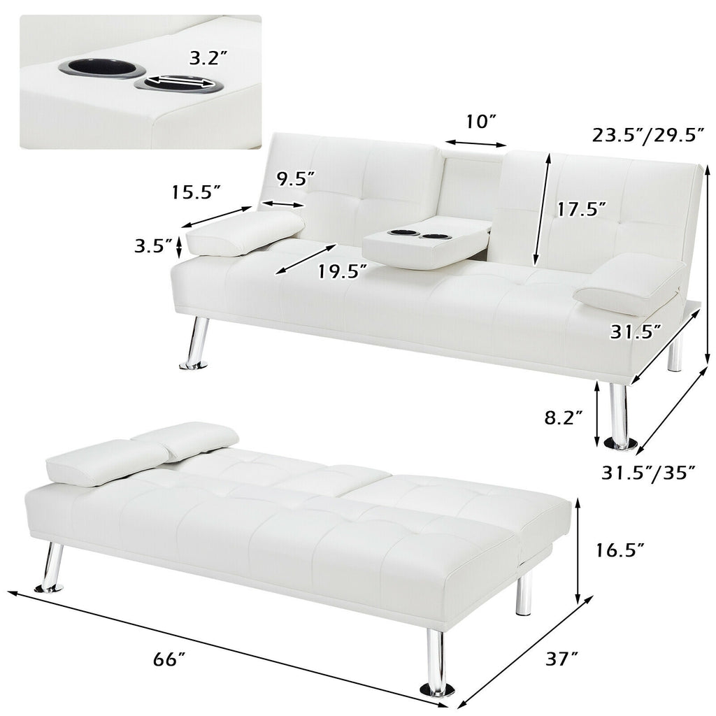 Convertible Folding Leather Futon Sofa with Cup Holders and Armrests-White