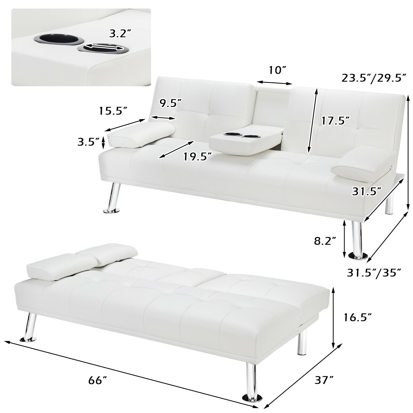 Convertible Folding Leather Futon Sofa with Cup Holders and Armrests-White
