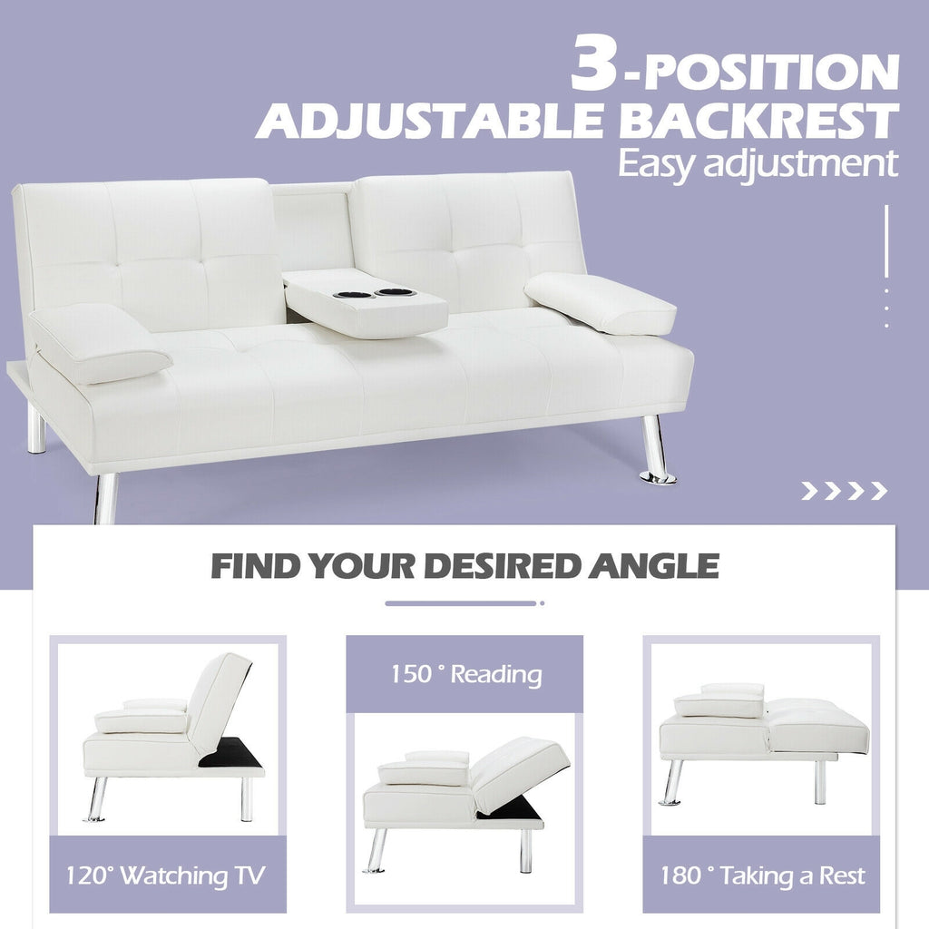Convertible Folding Leather Futon Sofa with Cup Holders and Armrests-White