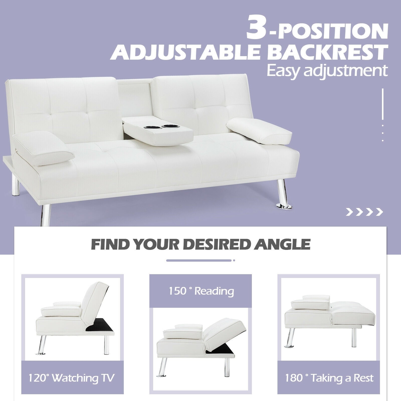 Convertible Folding Leather Futon Sofa with Cup Holders and Armrests-White