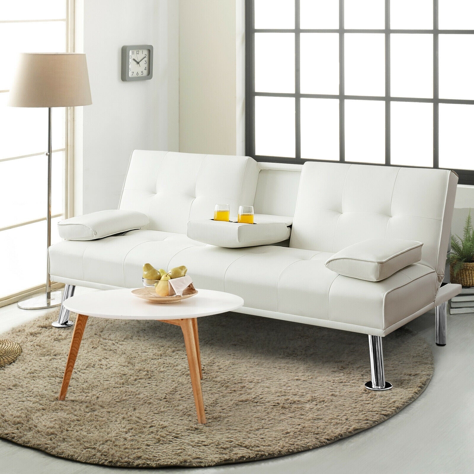 Convertible Folding Leather Futon Sofa with Cup Holders and Armrests-White