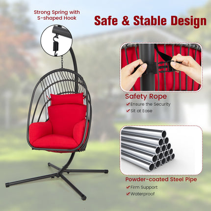 Hanging Folding Egg Chair with Stand Soft Cushion Pillow Swing Hammock-Red