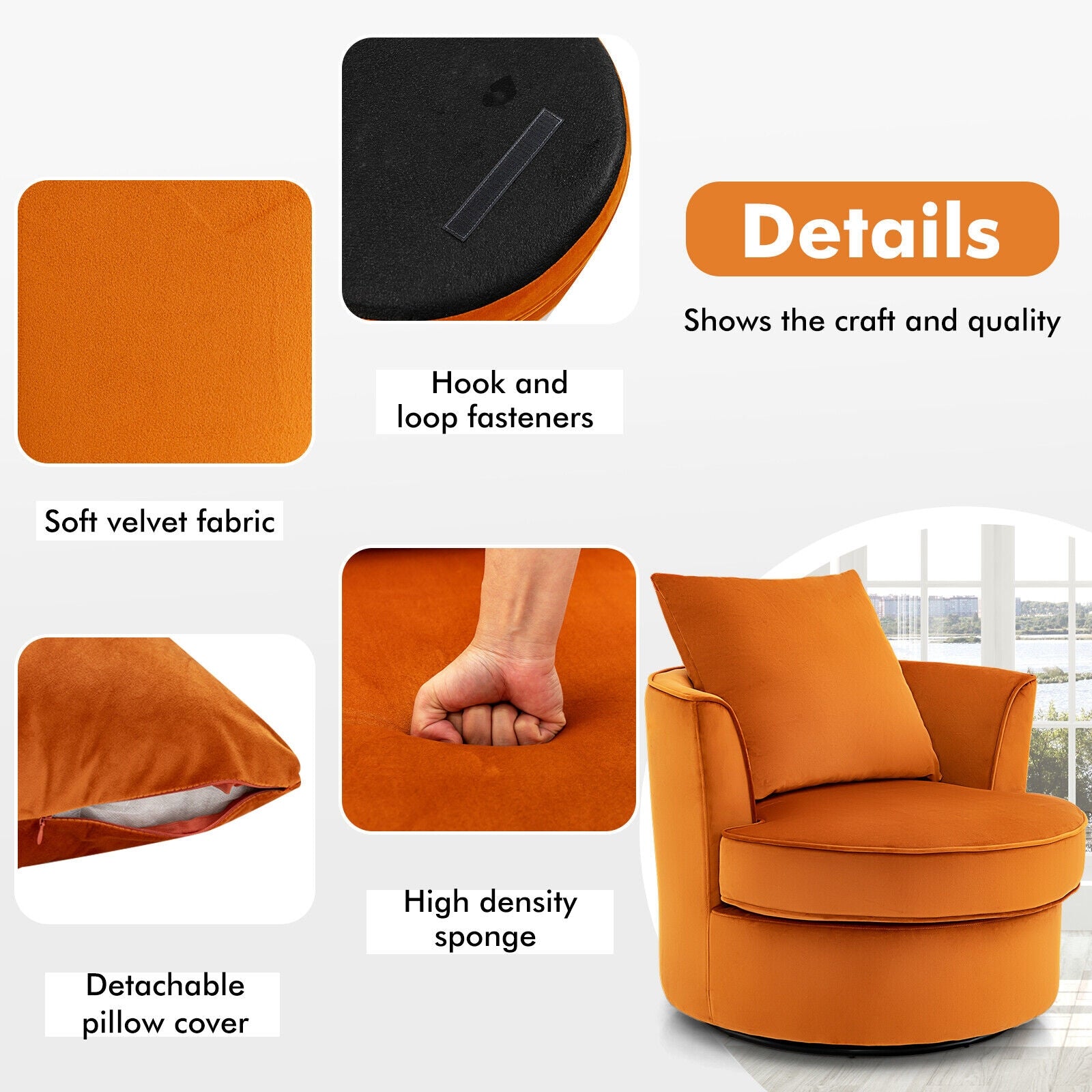 Modern 360Â° Swivel Barrel Chair with No Assembly Needed-Orange