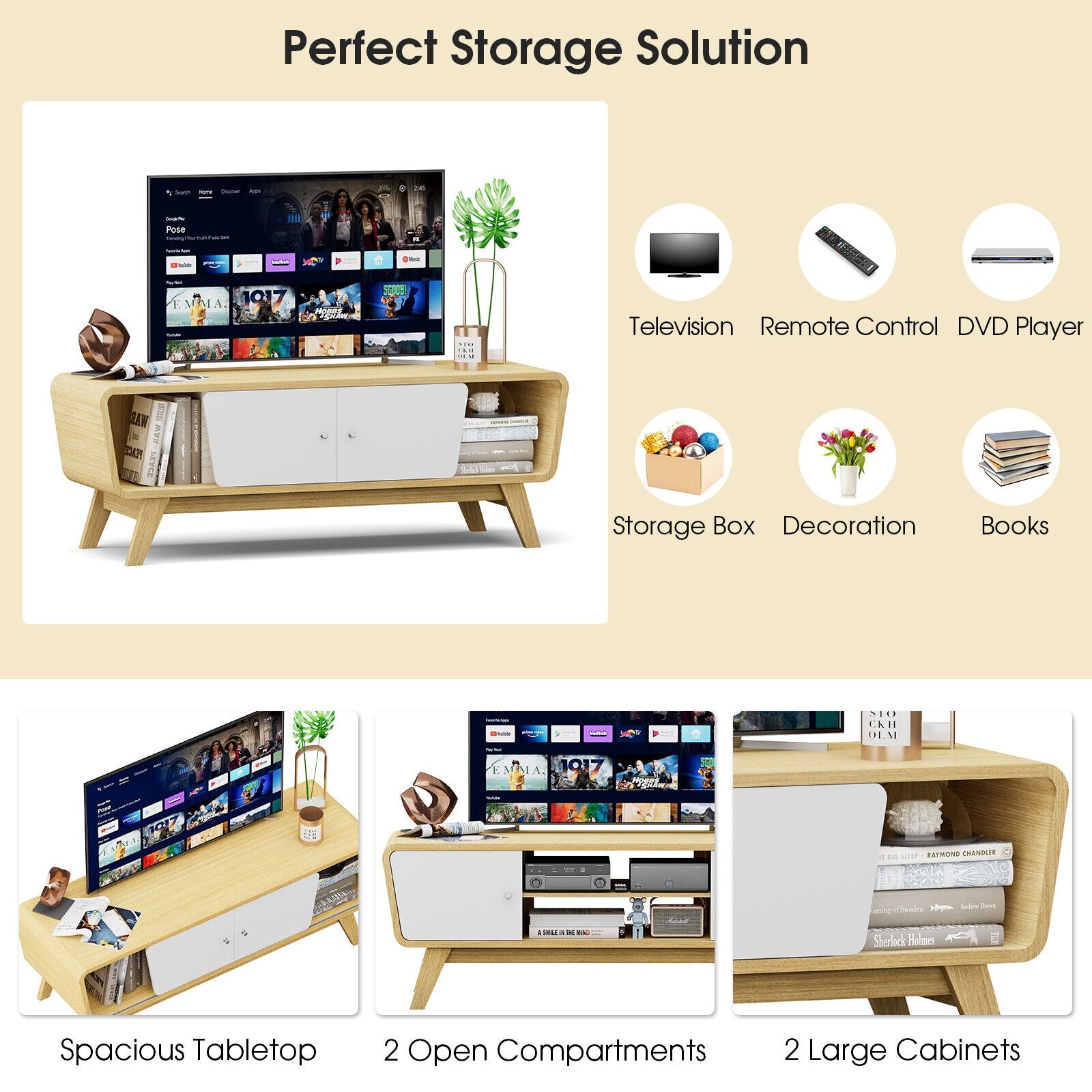Mid Century TV Stand for TVs up to 55 Inch Media Console Table Sliding Door-Natural