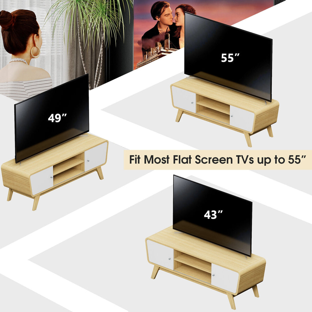 Mid Century TV Stand for TVs up to 55 Inch Media Console Table Sliding Door-Natural