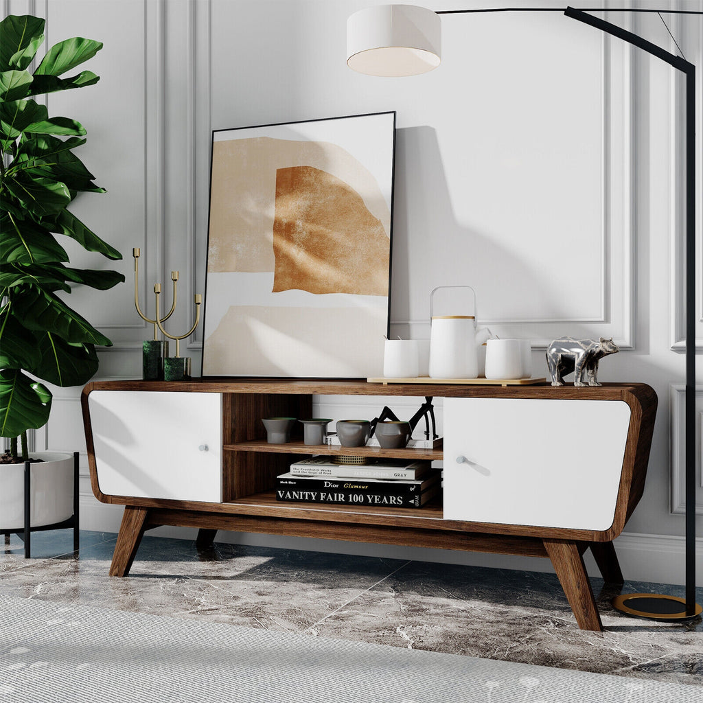 Mid Century TV Stand for TVs up to 55 Inch Media Console Table Sliding Door-Walnut