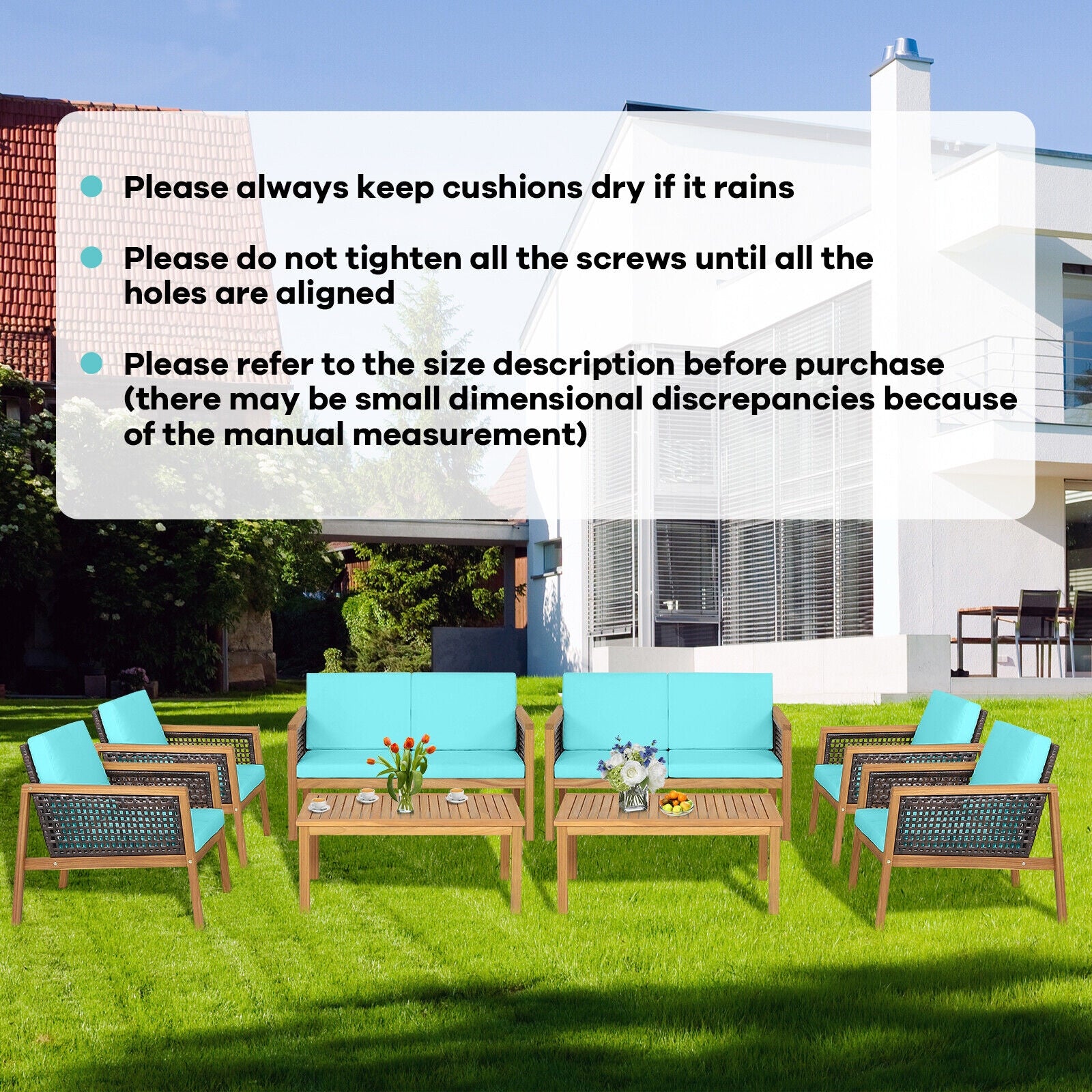 Ensemble de 4 meubles de patio en rotin avec coussins amovibles - Turquoise