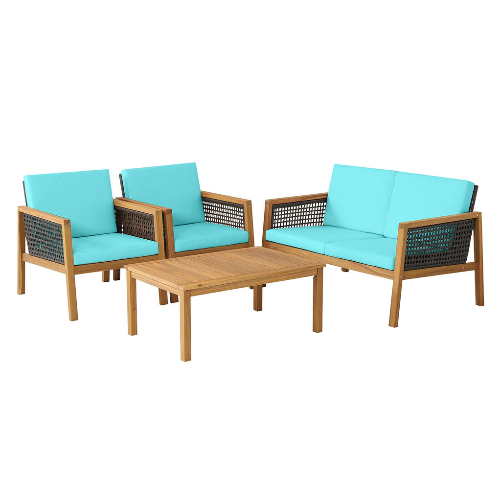 Ensemble de 4 meubles de patio en rotin avec coussins amovibles - Turquoise