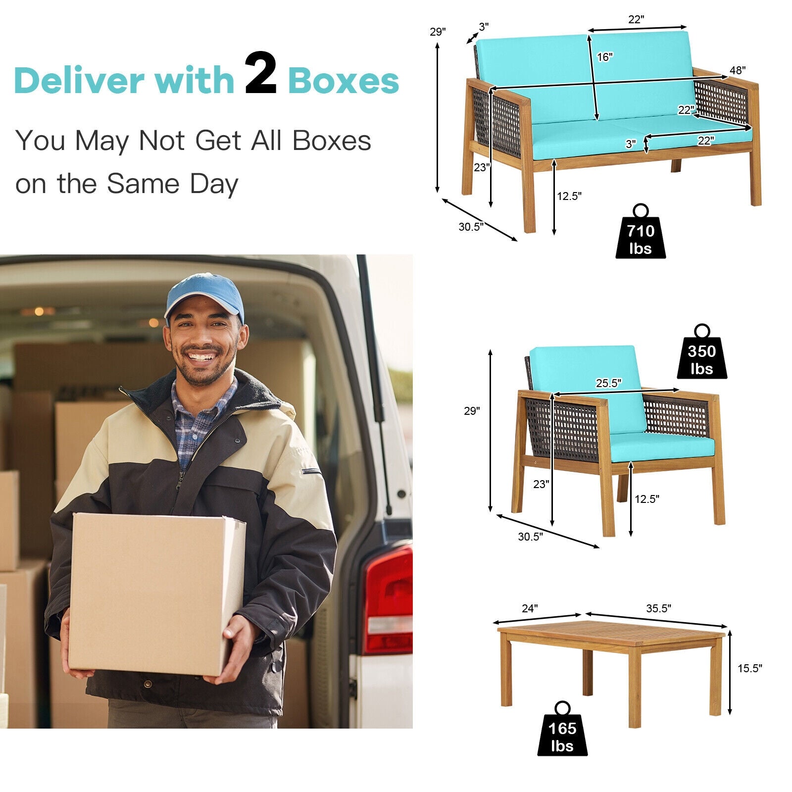 Ensemble de 4 meubles de patio en rotin avec coussins amovibles - Turquoise