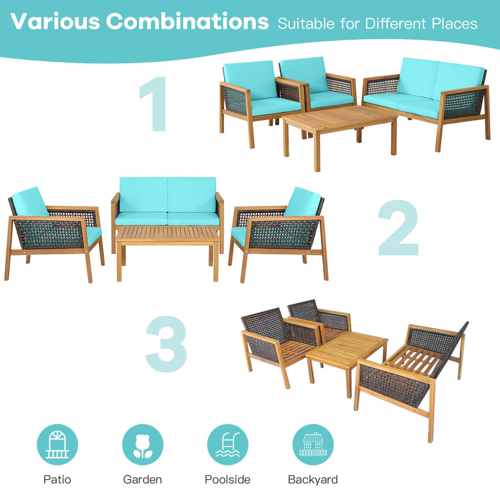 Ensemble de 4 meubles de patio en rotin avec coussins amovibles - Turquoise