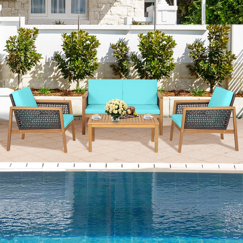 Ensemble de 4 meubles de patio en rotin avec coussins amovibles - Turquoise