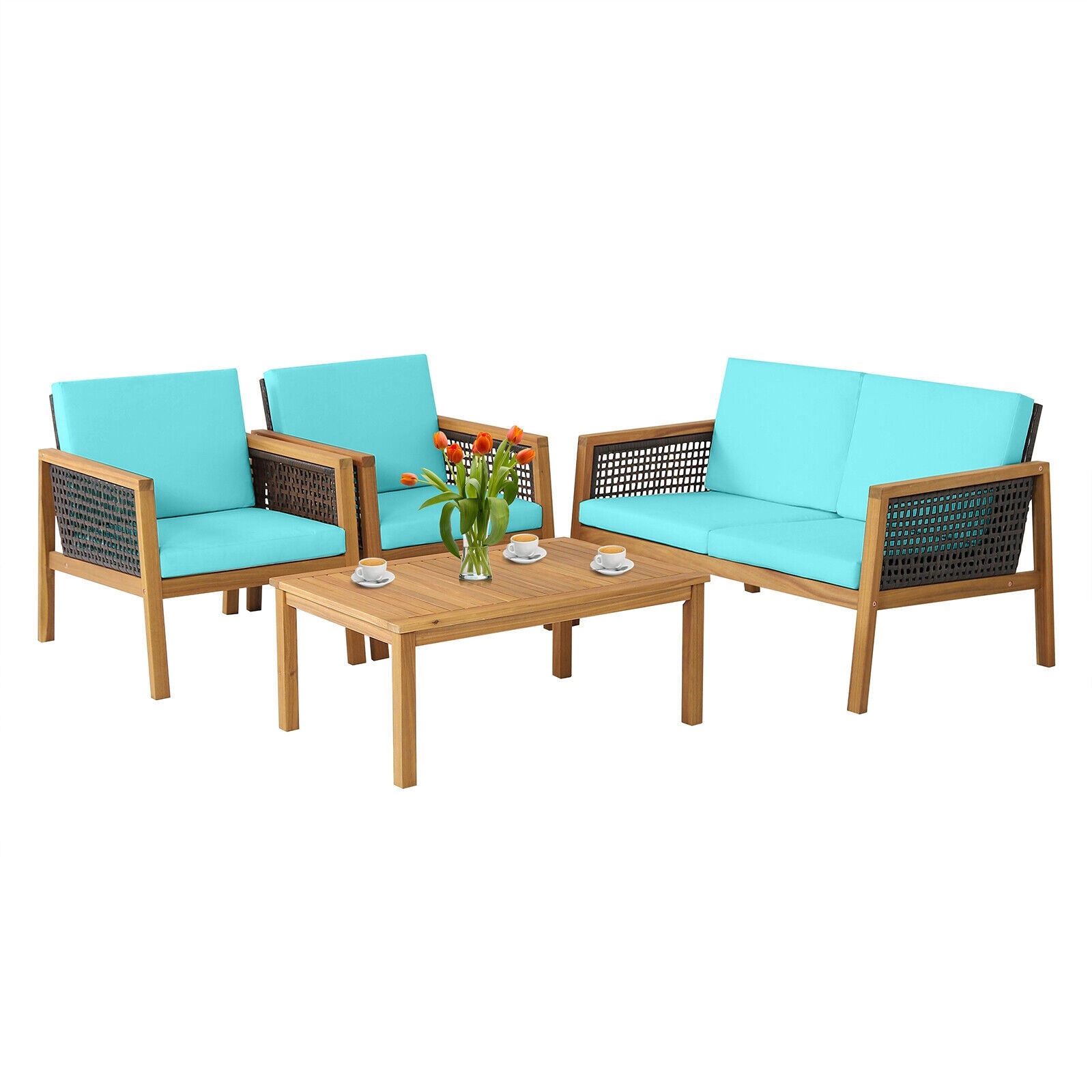 Ensemble de 4 meubles de patio en rotin avec coussins amovibles - Turquoise