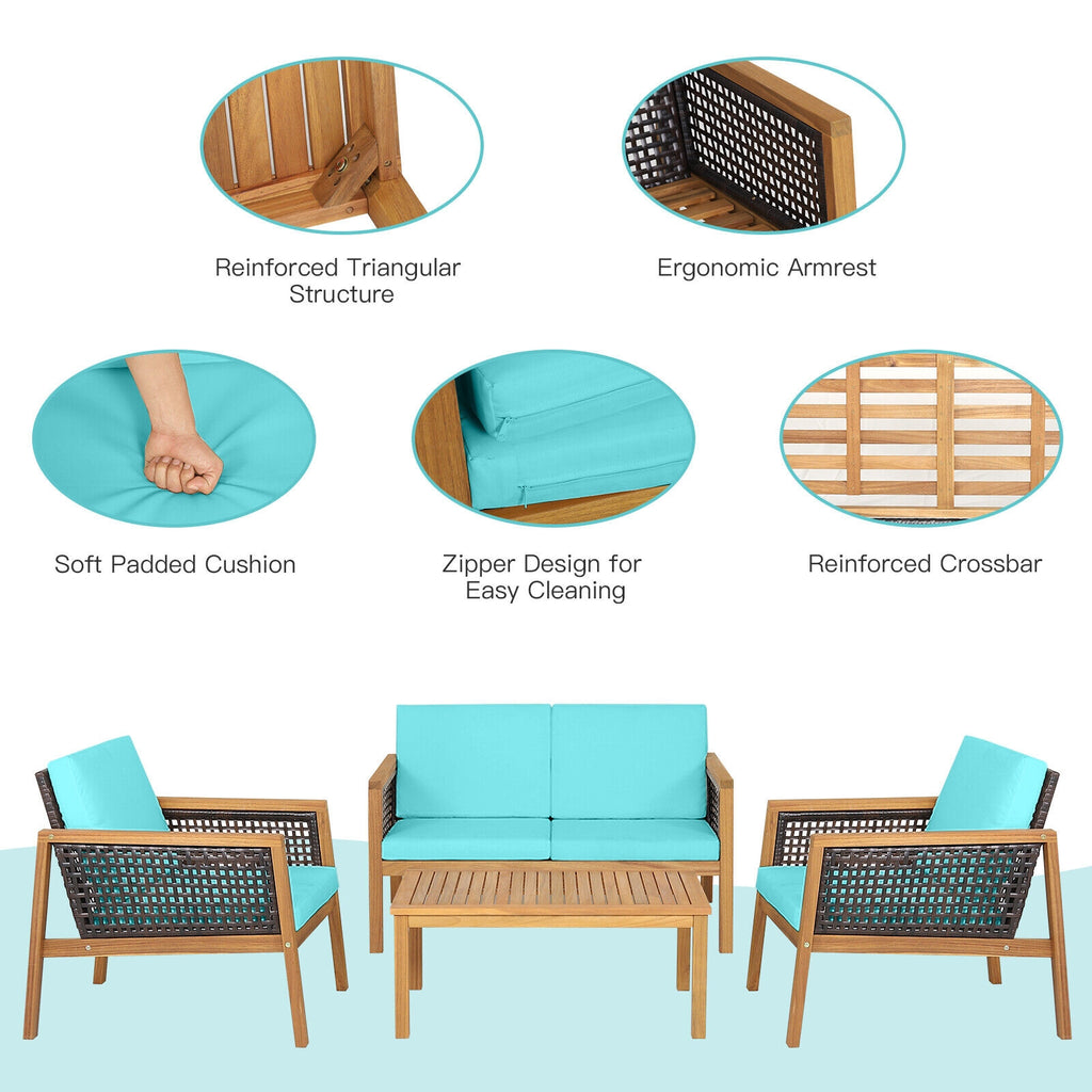 Ensemble de 4 meubles de patio en rotin avec coussins amovibles - Turquoise
