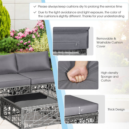 5 Pieces Patio PE Rattan Wicker Sofa Furniture Set-Gray