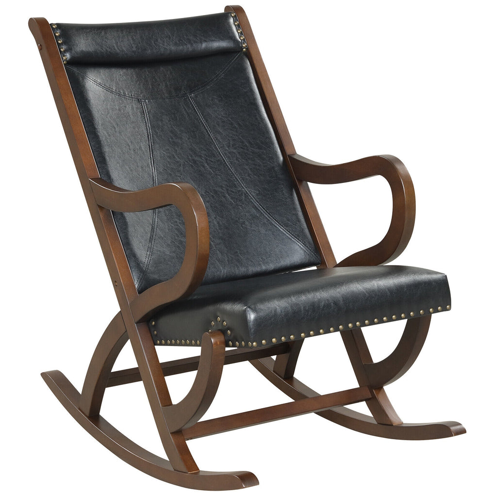 Modern Rocking Chair with PU Cushion and Rubber Wood Frame-Black