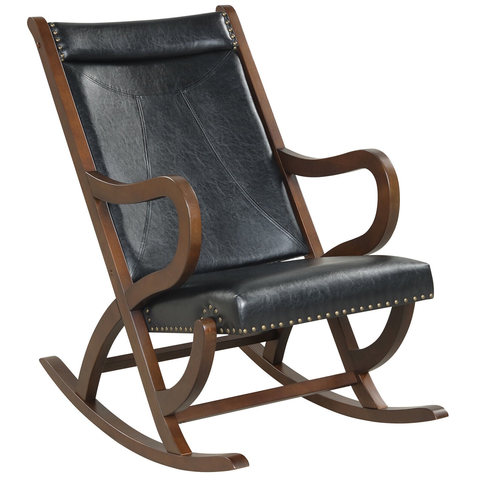 Modern Rocking Chair with PU Cushion and Rubber Wood Frame-Black